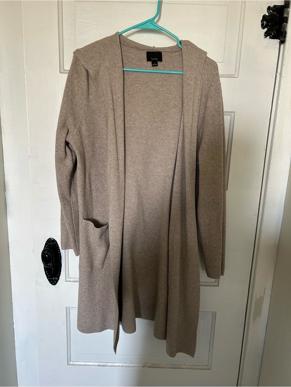 Lumere Open-Front Hooded Long Cardigan Sweater - Taupe